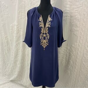 LILLY PULITZER Women’s Shift Dress Blue Gold Sz S Flirty Summer Spring Beach